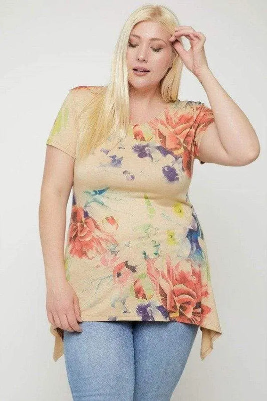 Plus Size Multi-colored Watercolor Flower Print Tunic Blue Zone Planet