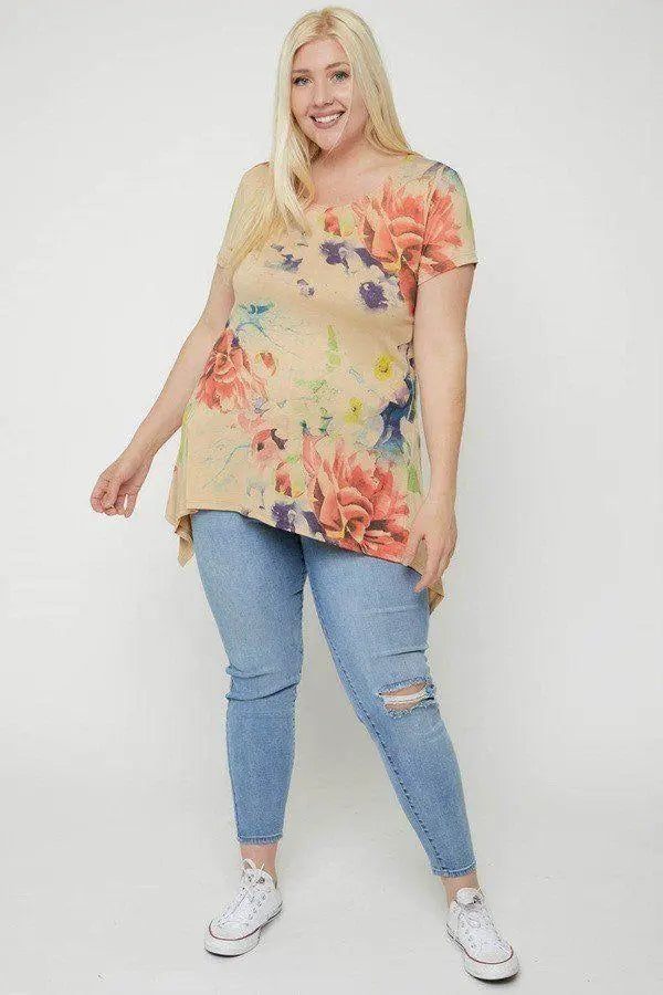Plus Size Multi-colored Watercolor Flower Print Tunic Blue Zone Planet