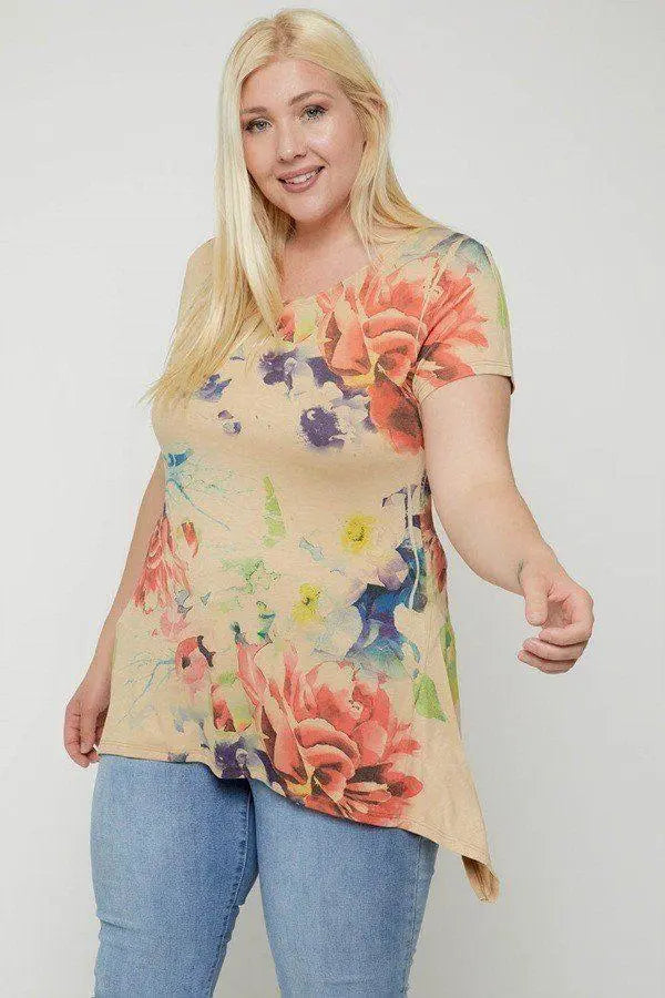 Plus Size Multi-colored Watercolor Flower Print Tunic Blue Zone Planet