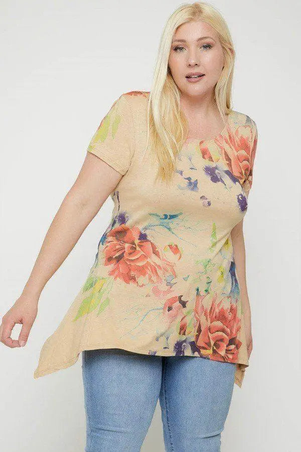 Plus Size Multi-colored Watercolor Flower Print Tunic Blue Zone Planet
