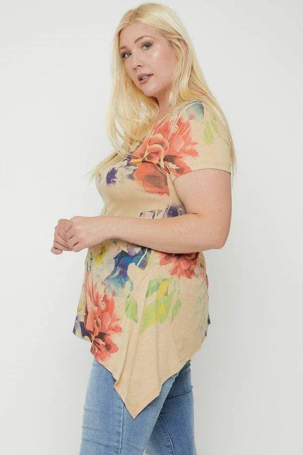 Plus Size Multi-colored Watercolor Flower Print Tunic Blue Zone Planet
