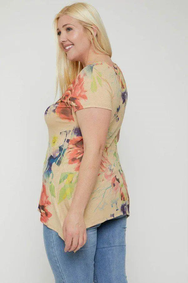 Plus Size Multi-colored Watercolor Flower Print Tunic Blue Zone Planet