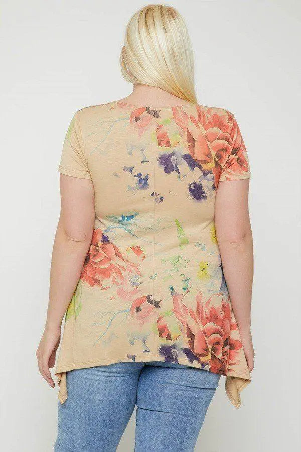 Plus Size Multi-colored Watercolor Flower Print Tunic Blue Zone Planet