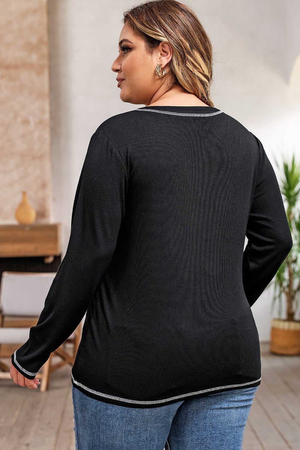 Plus Size Notched Neck Long Sleeve T-Shirt BLUE ZONE PLANET