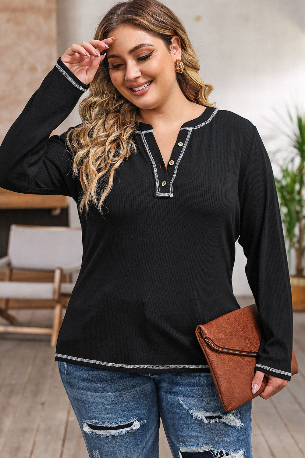 Plus Size Notched Neck Long Sleeve T-Shirt BLUE ZONE PLANET