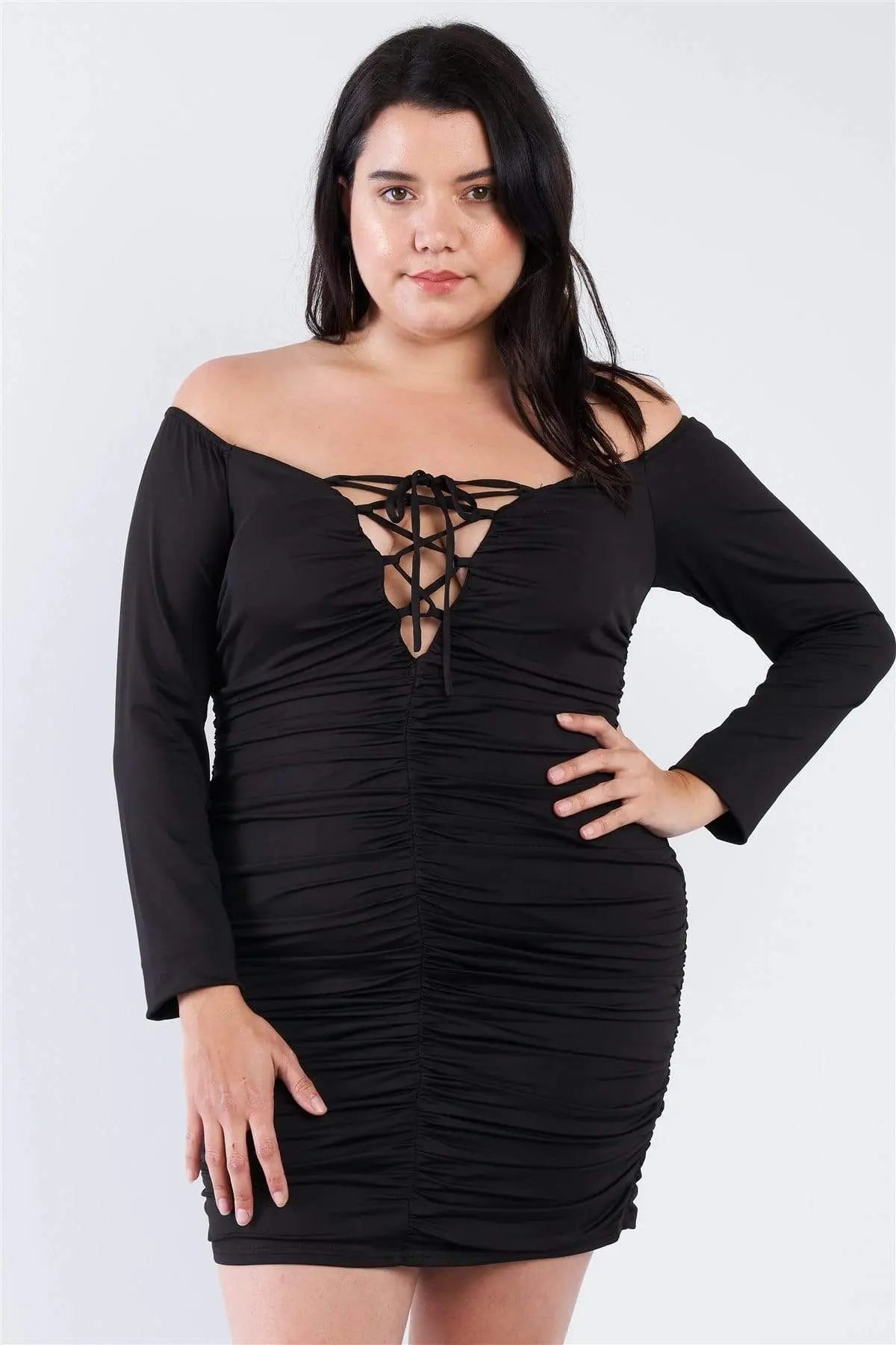 Plus Size Off The Shoulder Lace Up Ruched Mini Dress Blue Zone Planet