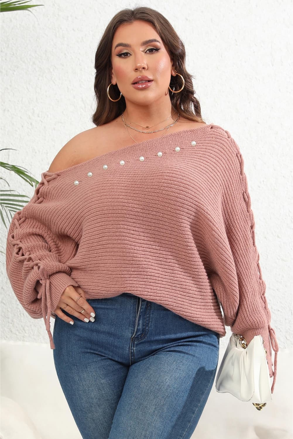 Plus Size One Shoulder Beaded Sweater BLUE ZONE PLANET