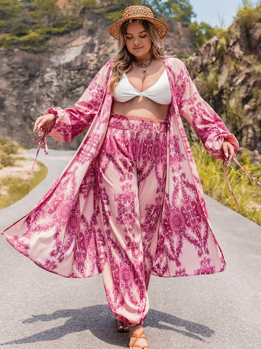 Plus Size Open Front Cardigan and Pants Set-TOPS / DRESSES-[Adult]-[Female]-Hot Pink-0XL-2022 Online Blue Zone Planet