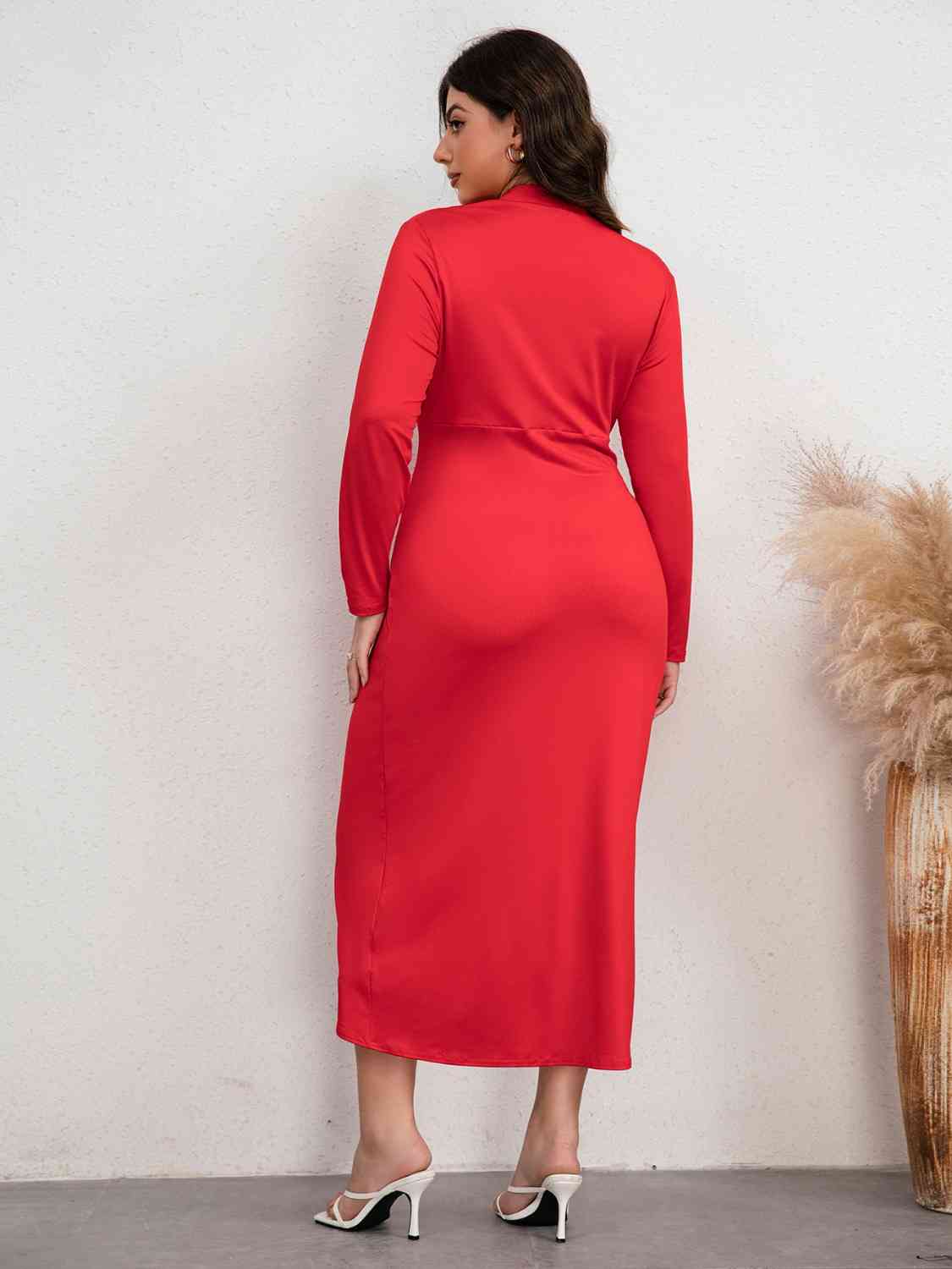 Plus Size Plunge Ruched Slit Dress BLUE ZONE PLANET