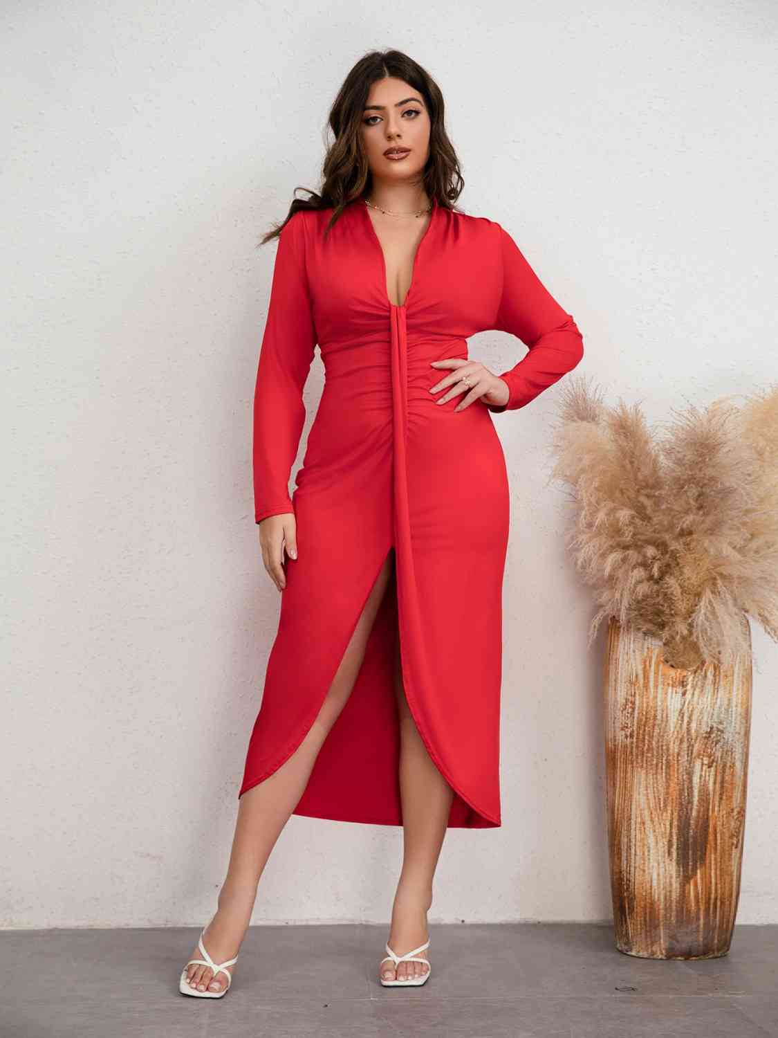 Plus Size Plunge Ruched Slit Dress BLUE ZONE PLANET