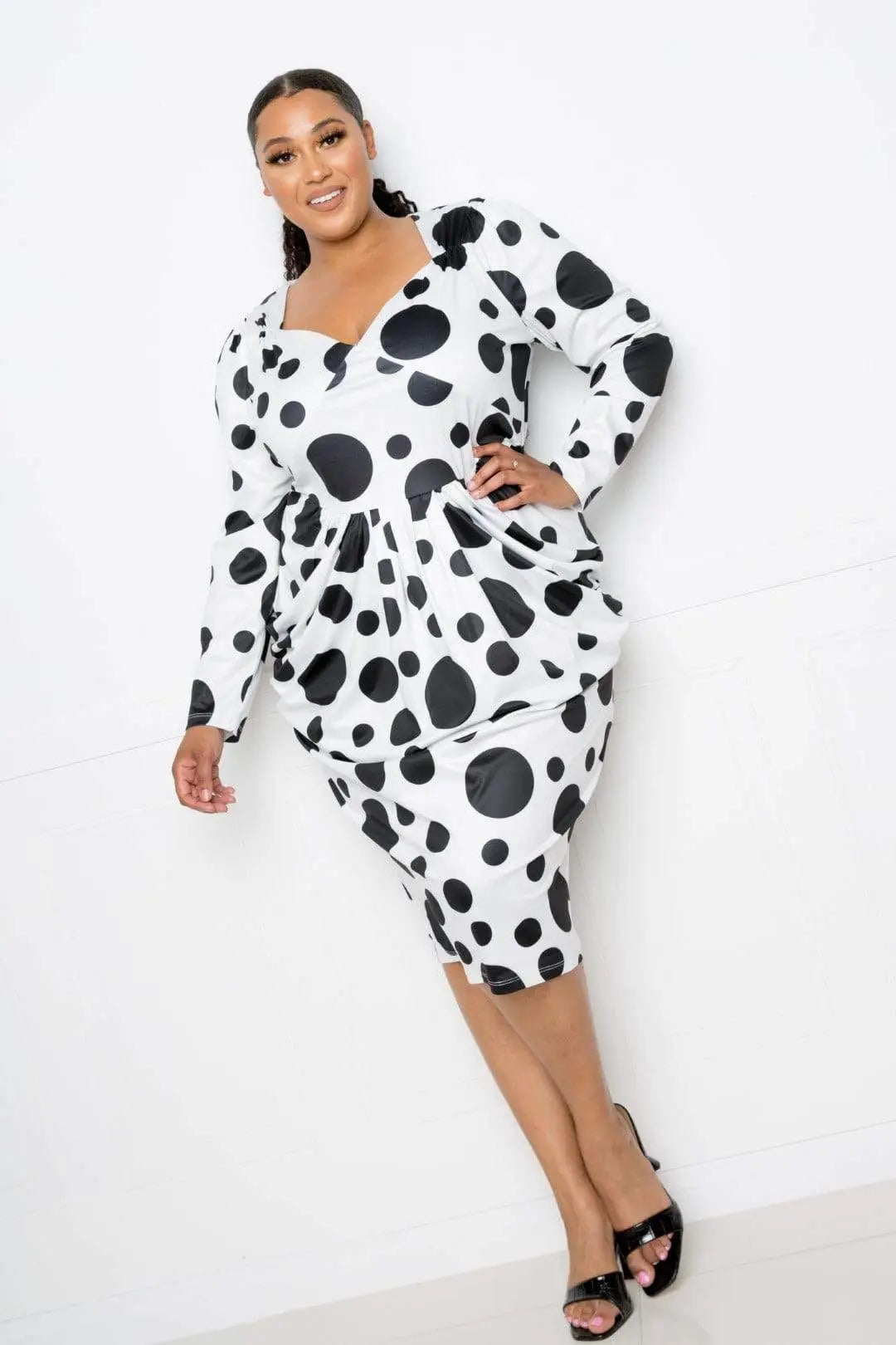 Plus Size Polka Dot Drop Waist Ruched Midi Dress Blue Zone Planet