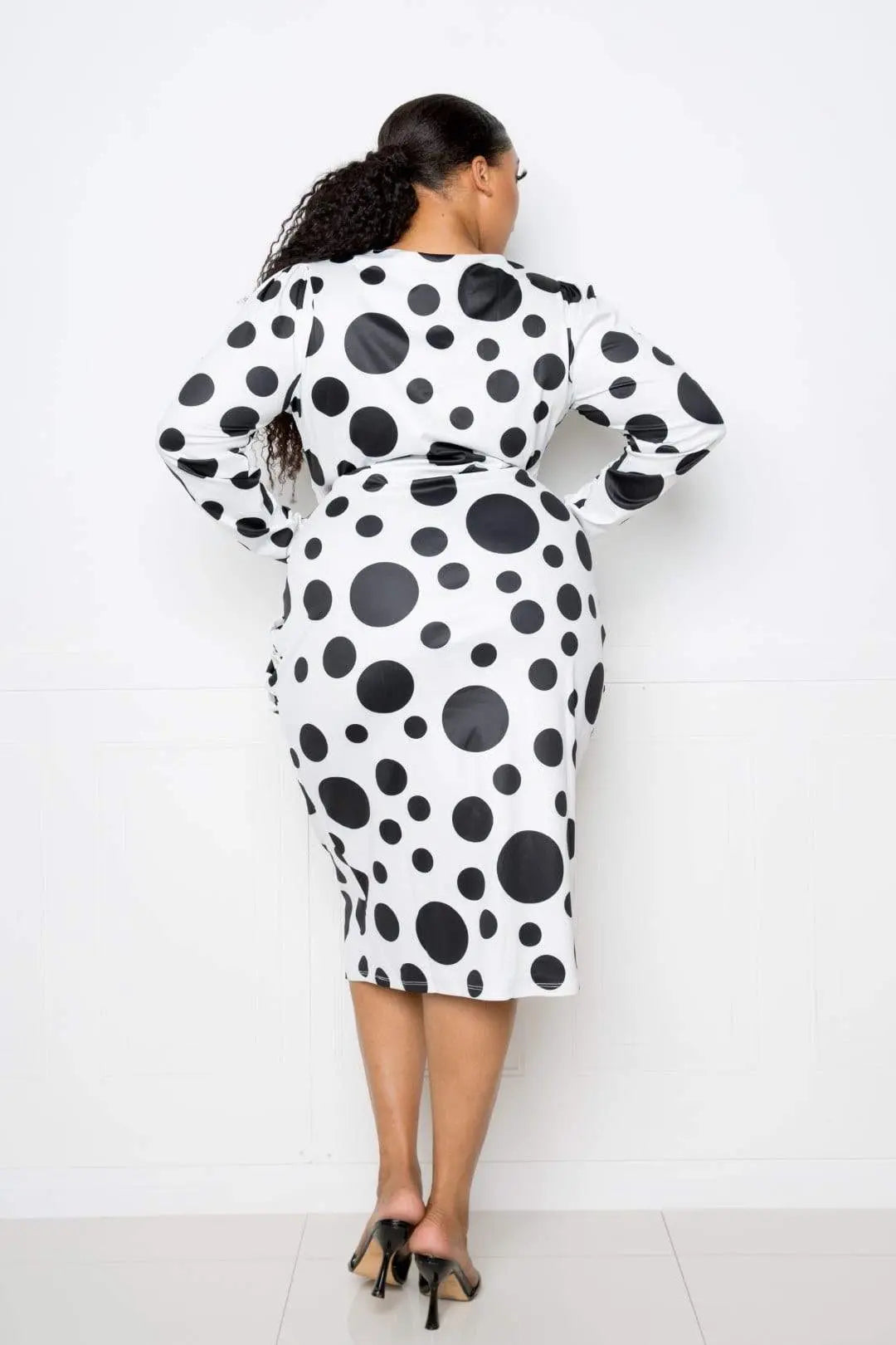 Plus Size Polka Dot Drop Waist Ruched Midi Dress Blue Zone Planet