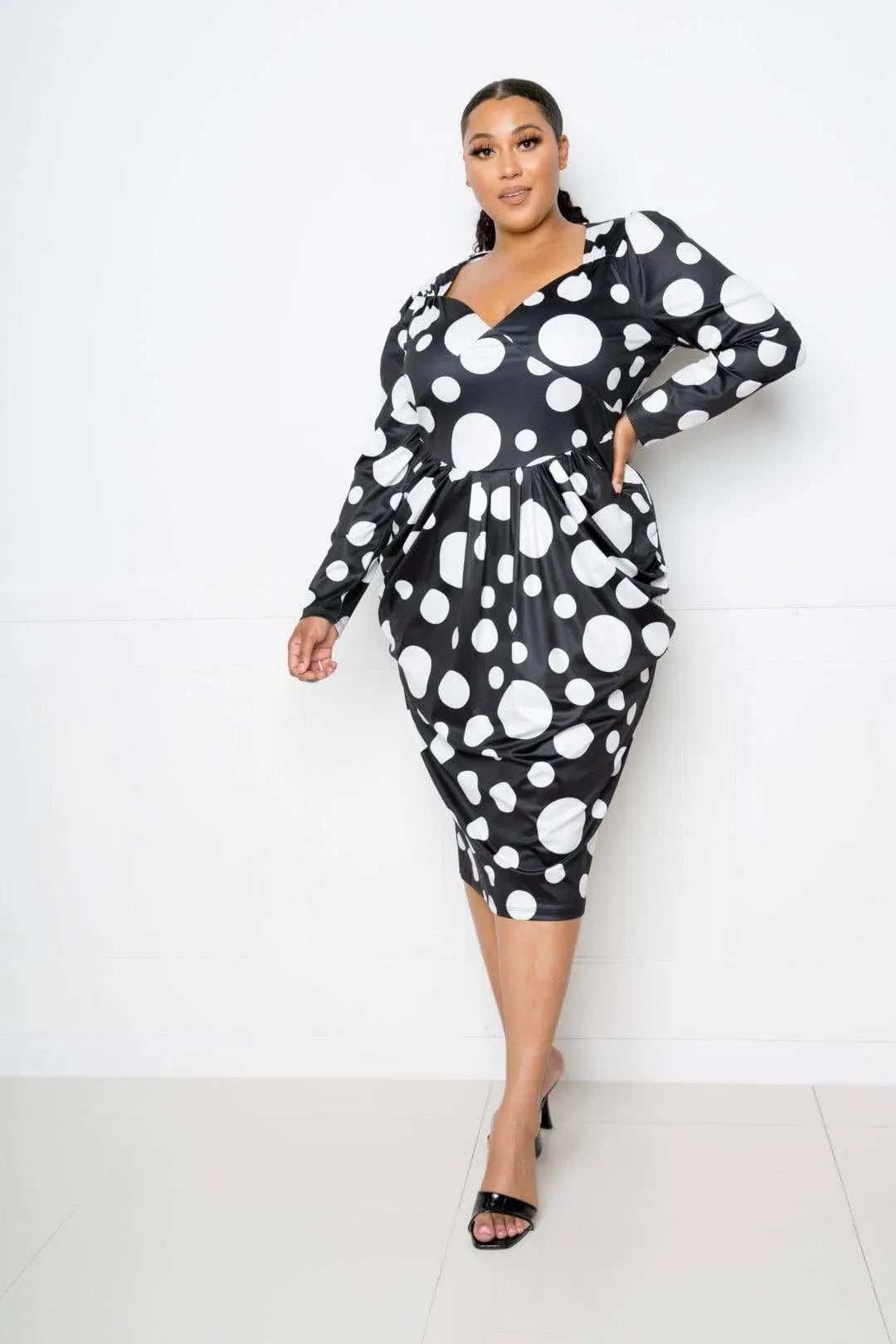 Plus Size Polka Dot Drop Waist Ruched Midi Dress Blue Zone Planet