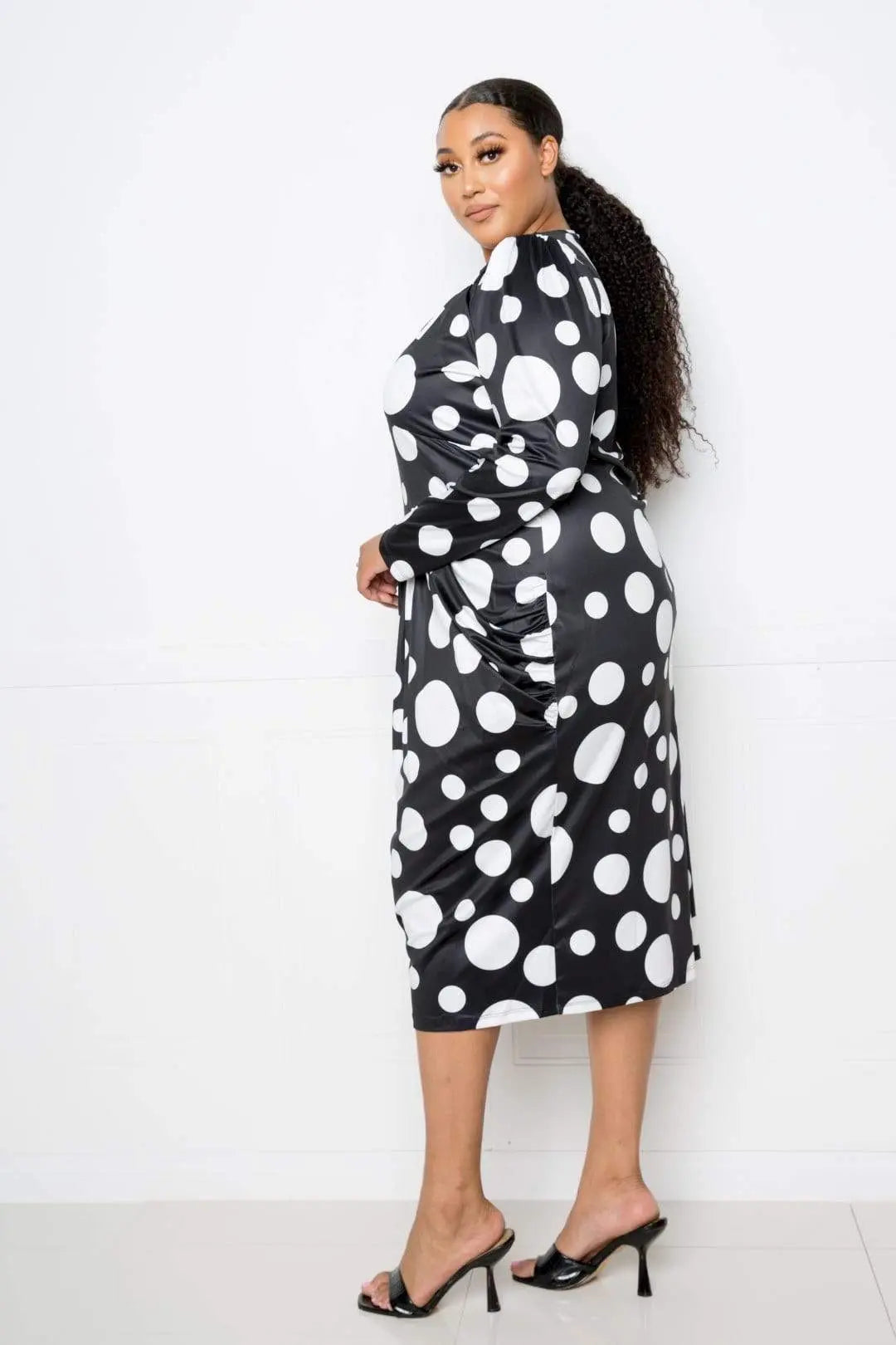 Plus Size Polka Dot Drop Waist Ruched Midi Dress Blue Zone Planet