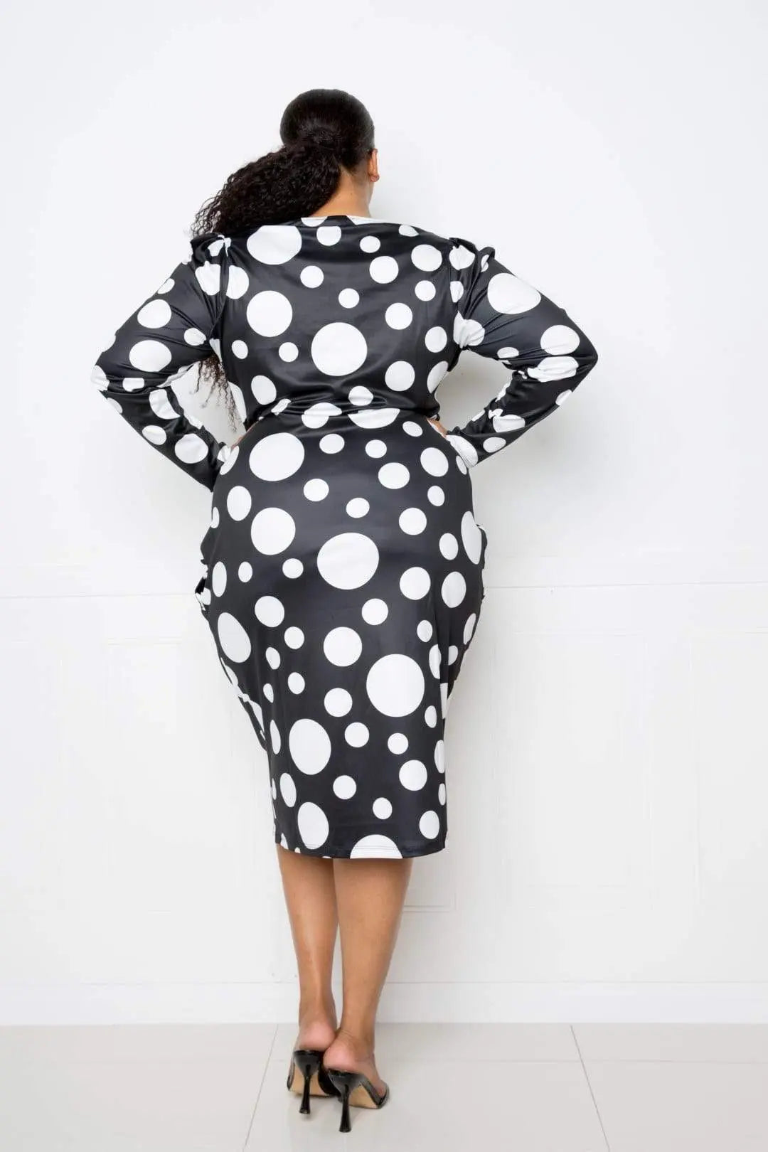 Plus Size Polka Dot Drop Waist Ruched Midi Dress Blue Zone Planet
