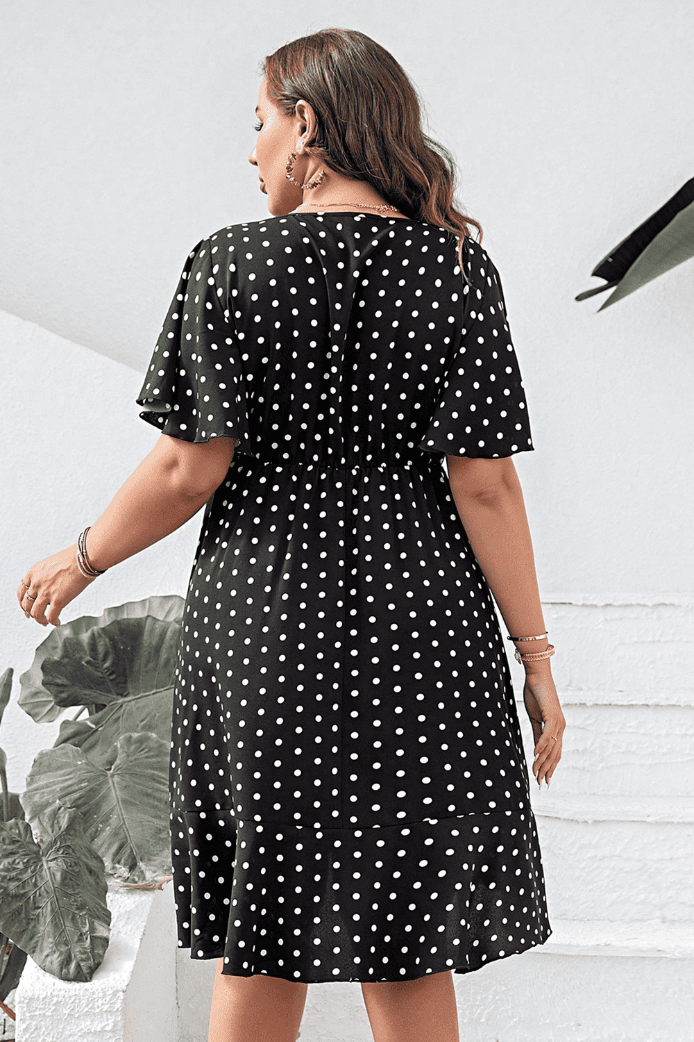 Plus Size Polka Dot Flutter Sleeve Dress BLUE ZONE PLANET