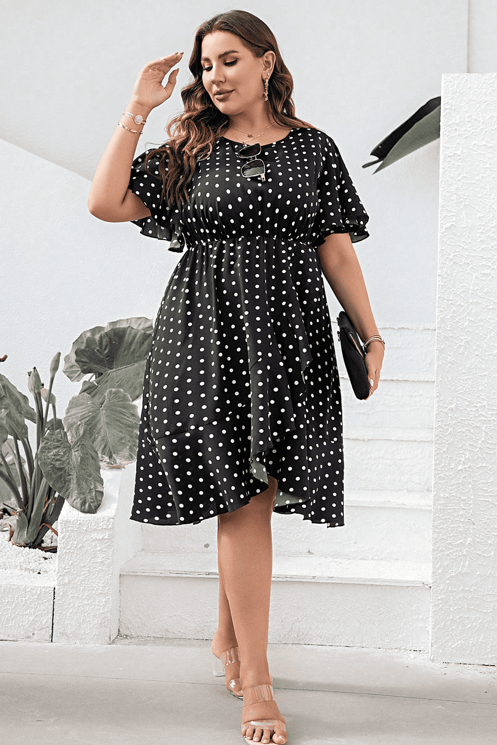 Plus Size Polka Dot Flutter Sleeve Dress BLUE ZONE PLANET