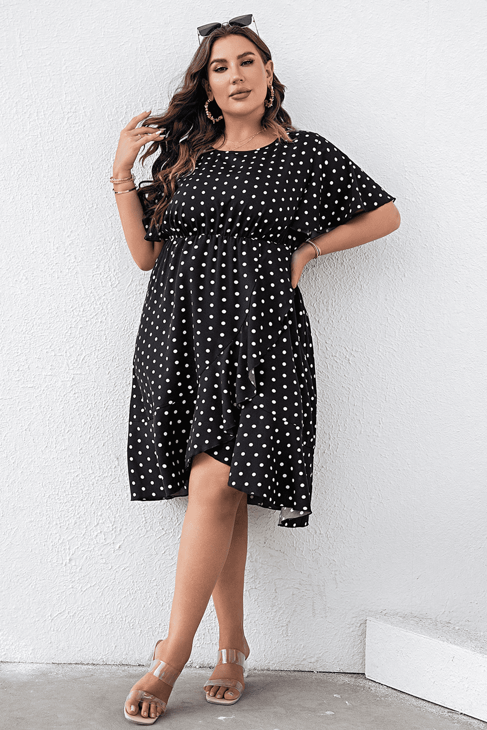 Plus Size Polka Dot Flutter Sleeve Dress BLUE ZONE PLANET