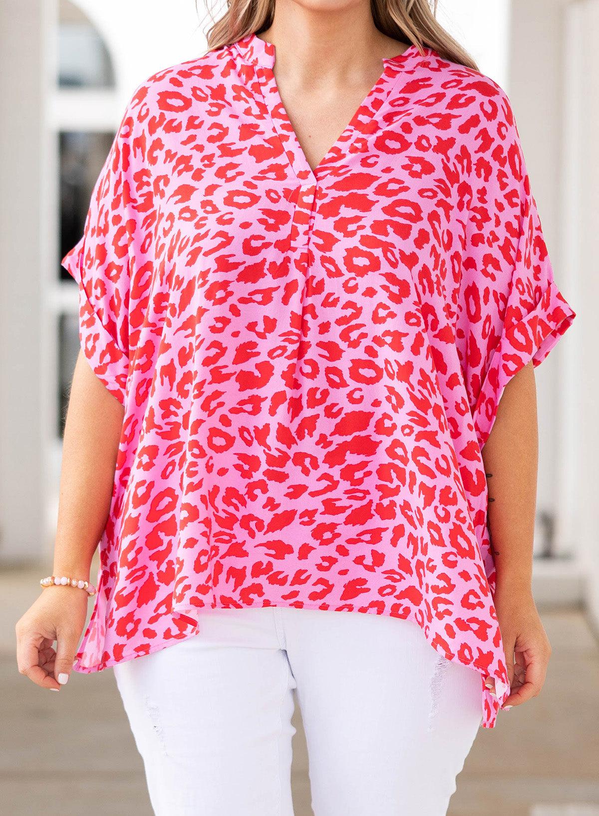 Plus Size Printed Notched Neck Half Sleeve Top BLUE ZONE PLANET