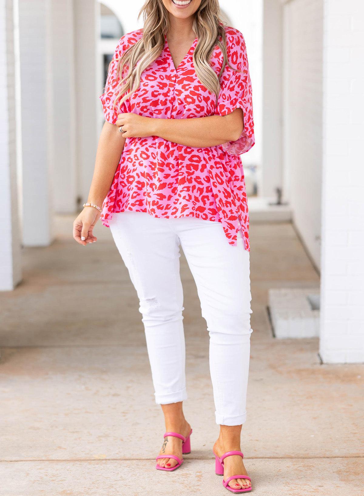 Plus Size Printed Notched Neck Half Sleeve Top BLUE ZONE PLANET