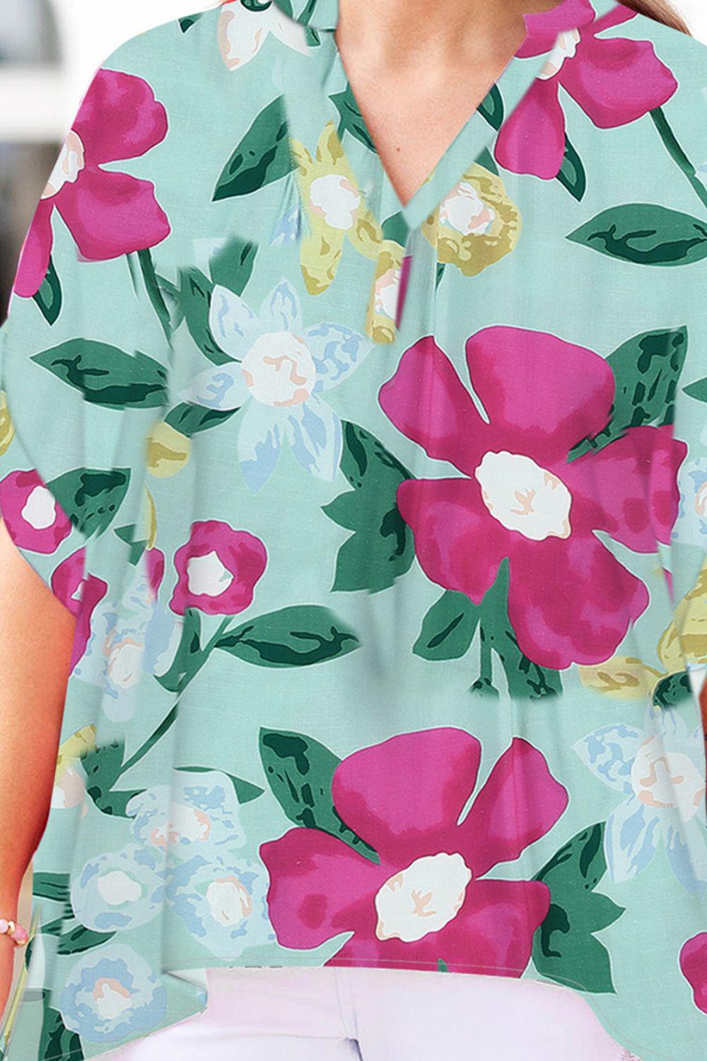 Plus Size Printed Notched Neck Half Sleeve Top BLUE ZONE PLANET