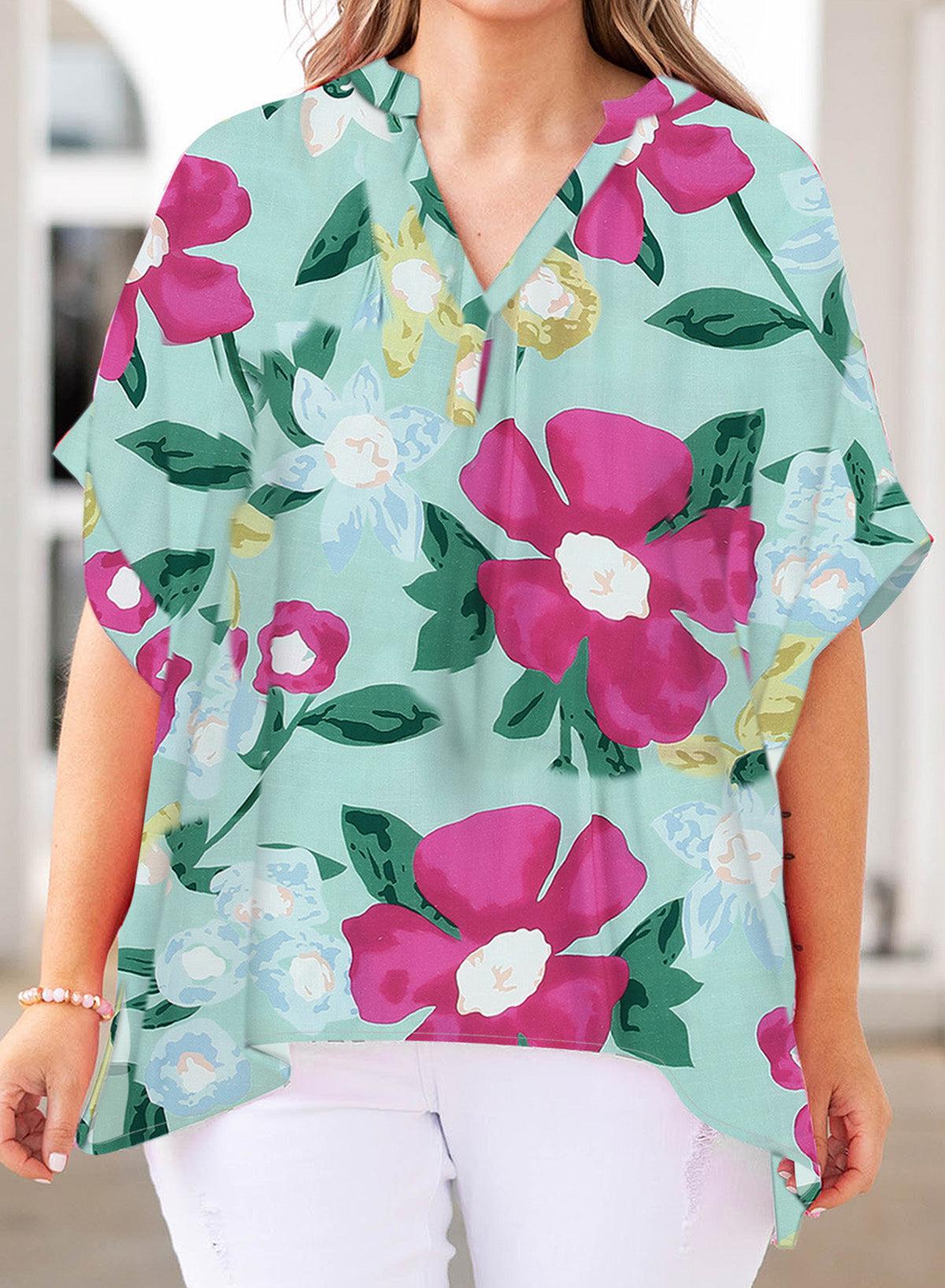 Plus Size Printed Notched Neck Half Sleeve Top BLUE ZONE PLANET