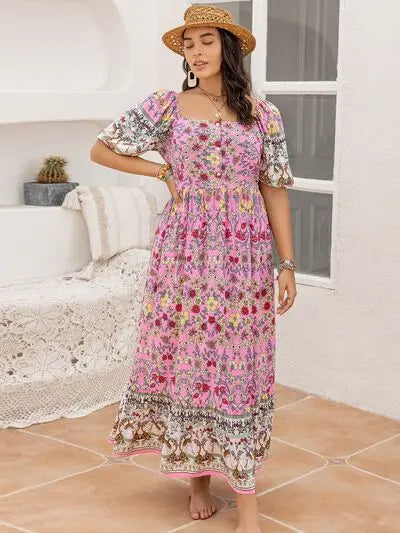 Plus Size Printed Square Neck Ruffle Hem Dress BLUE ZONE PLANET