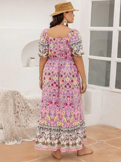Plus Size Printed Square Neck Ruffle Hem Dress BLUE ZONE PLANET
