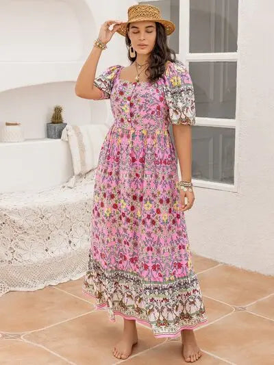 Plus Size Printed Square Neck Ruffle Hem Dress BLUE ZONE PLANET