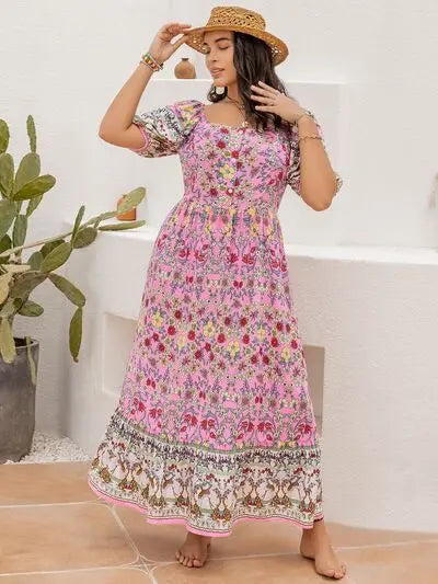 Plus Size Printed Square Neck Ruffle Hem Dress BLUE ZONE PLANET