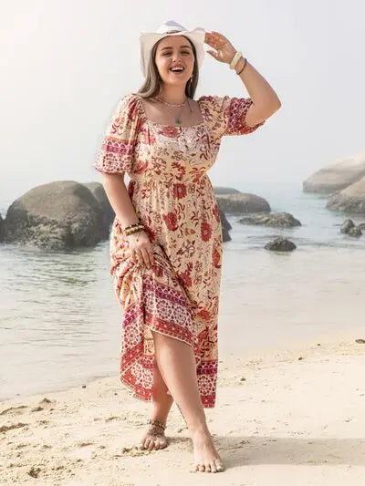 Plus Size Printed Square Neck Ruffle Hem Dress BLUE ZONE PLANET