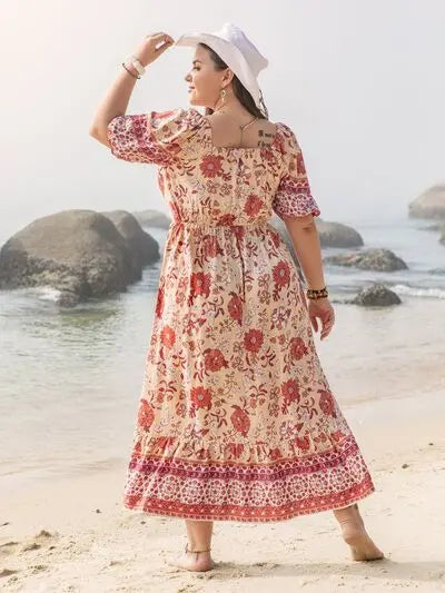 Plus Size Printed Square Neck Ruffle Hem Dress BLUE ZONE PLANET