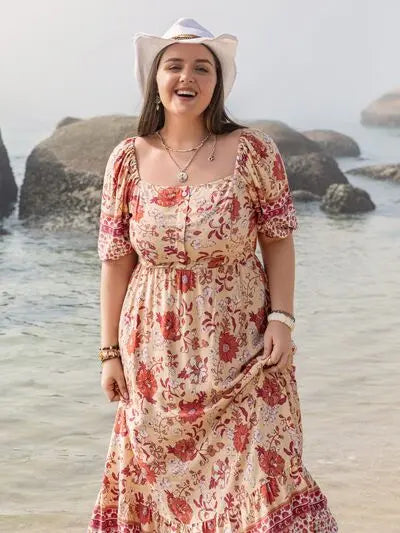 Plus Size Printed Square Neck Ruffle Hem Dress BLUE ZONE PLANET