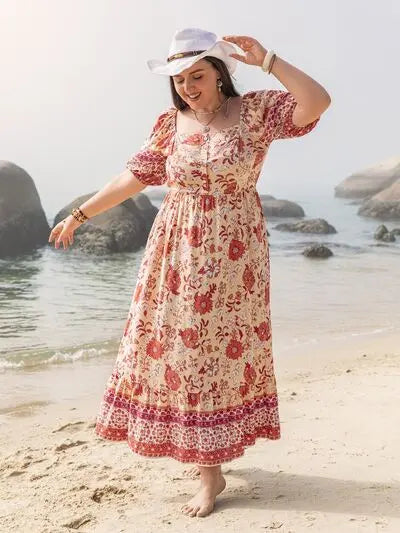 Plus Size Printed Square Neck Ruffle Hem Dress BLUE ZONE PLANET