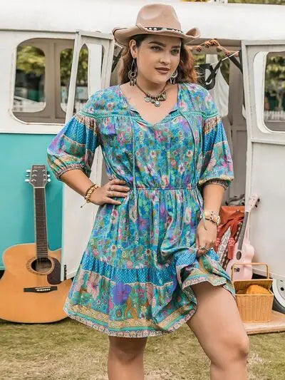 Plus Size Printed Tie Neck Mini Dress BLUE ZONE PLANET