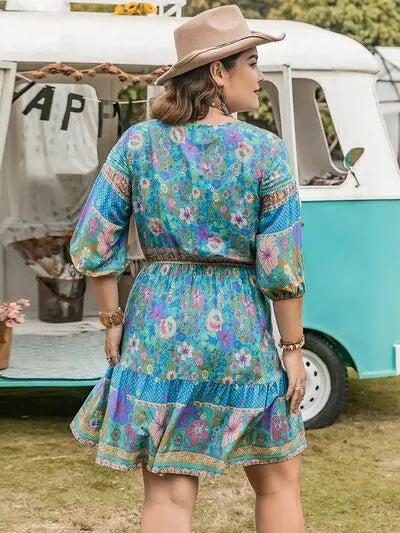 Plus Size Printed Tie Neck Mini Dress BLUE ZONE PLANET