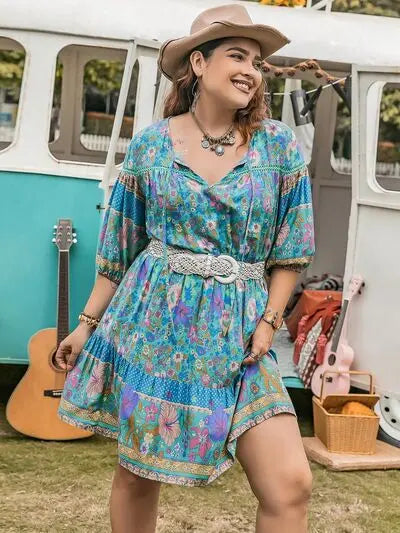 Plus Size Printed Tie Neck Mini Dress BLUE ZONE PLANET