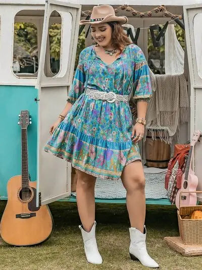 Plus Size Printed Tie Neck Mini Dress BLUE ZONE PLANET