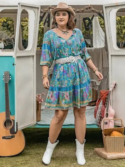 Plus Size Printed Tie Neck Mini Dress BLUE ZONE PLANET