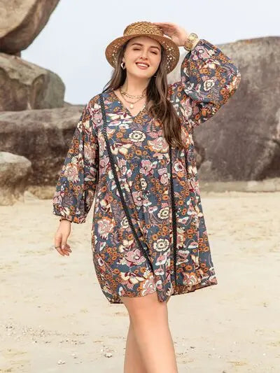 Plus Size Printed V-Neck Balloon Sleeve Mini Dress BLUE ZONE PLANET