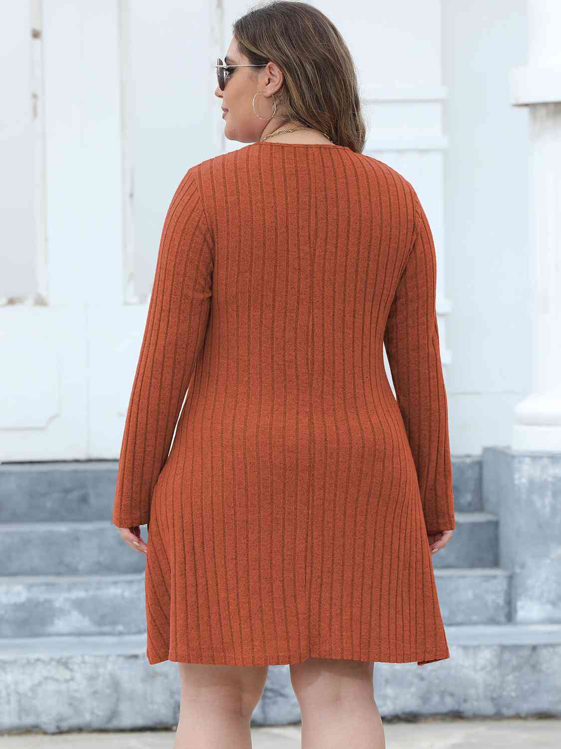 Plus Size Ribbed Buttoned V-Neck Long Sleeve Dress BLUE ZONE PLANET