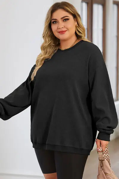 Plus Size Round Neck Dropped Shoulder Sweatshirt BLUE ZONE PLANET
