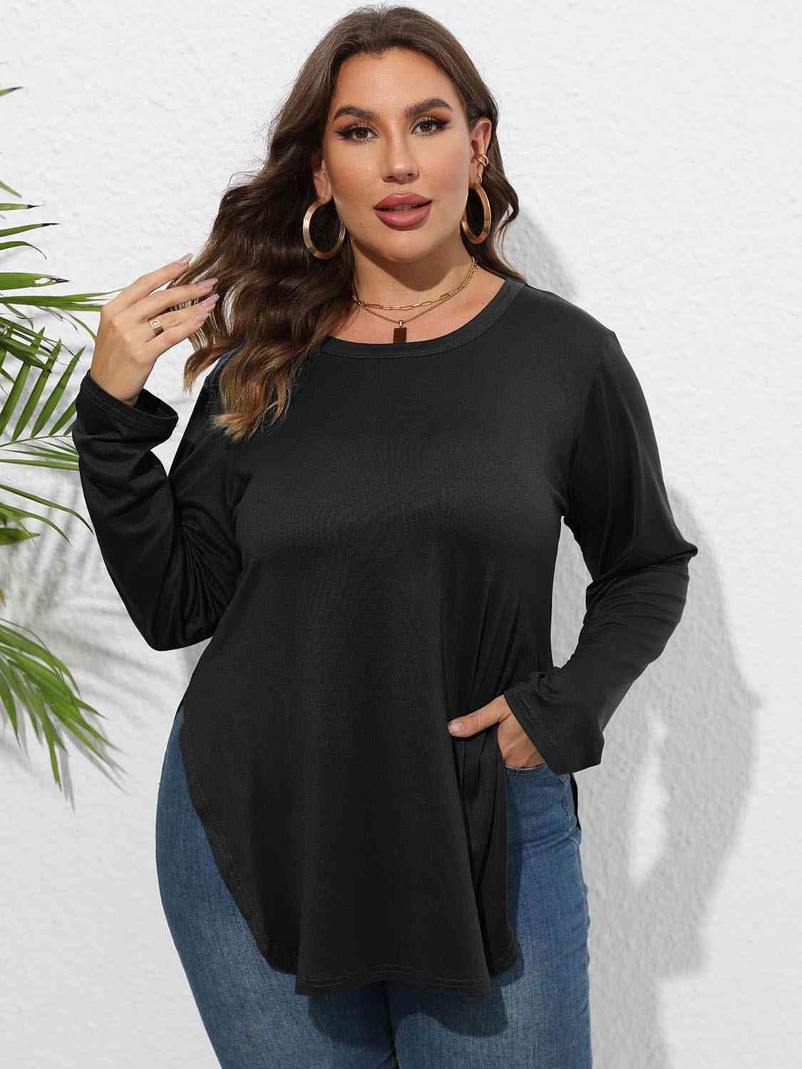 Plus Size Round Neck Long Sleeve Slit T-Shirt BLUE ZONE PLANET