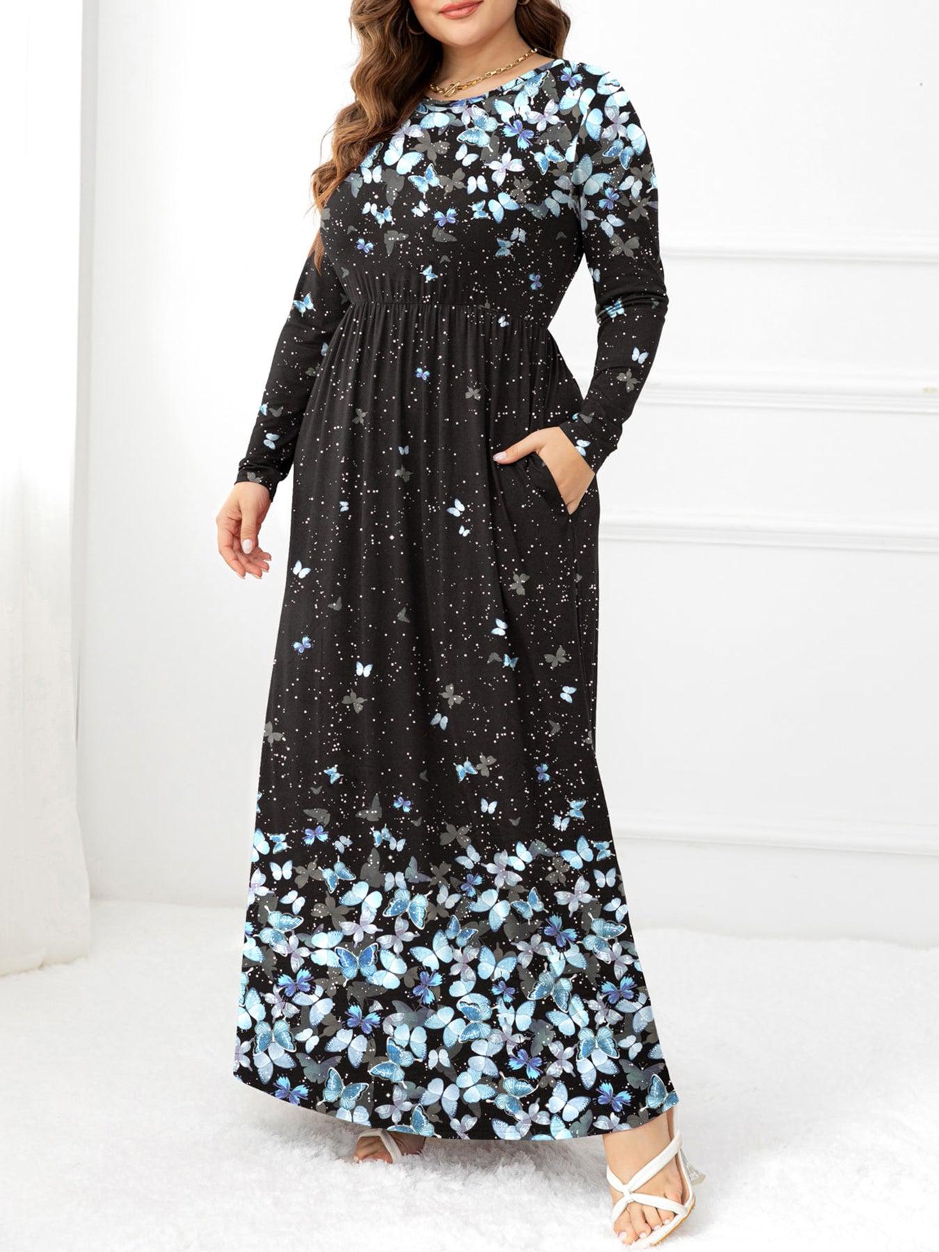 Plus Size Round Neck Maxi Dress with Pockets BLUE ZONE PLANET
