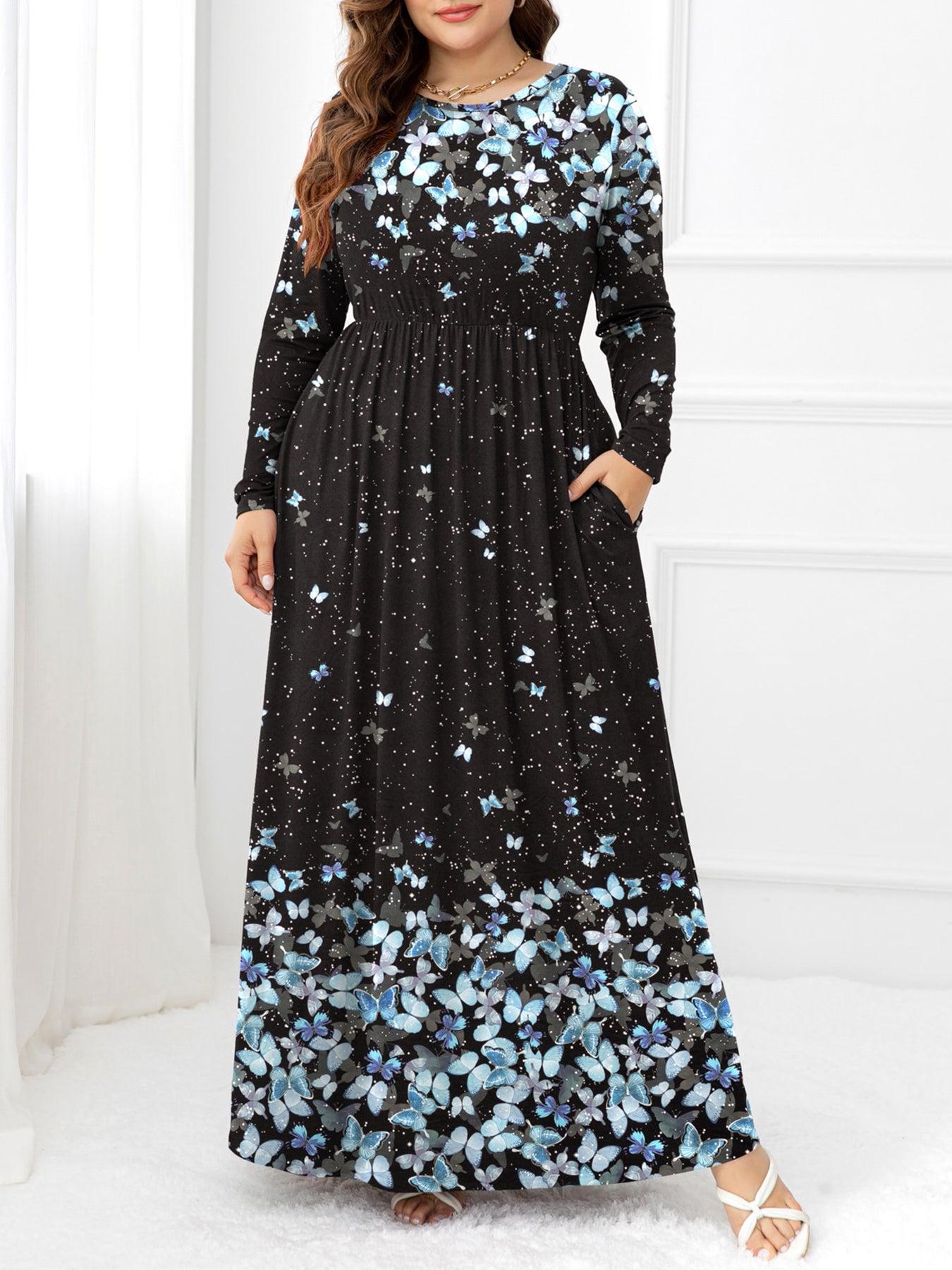 Plus Size Round Neck Maxi Dress with Pockets BLUE ZONE PLANET