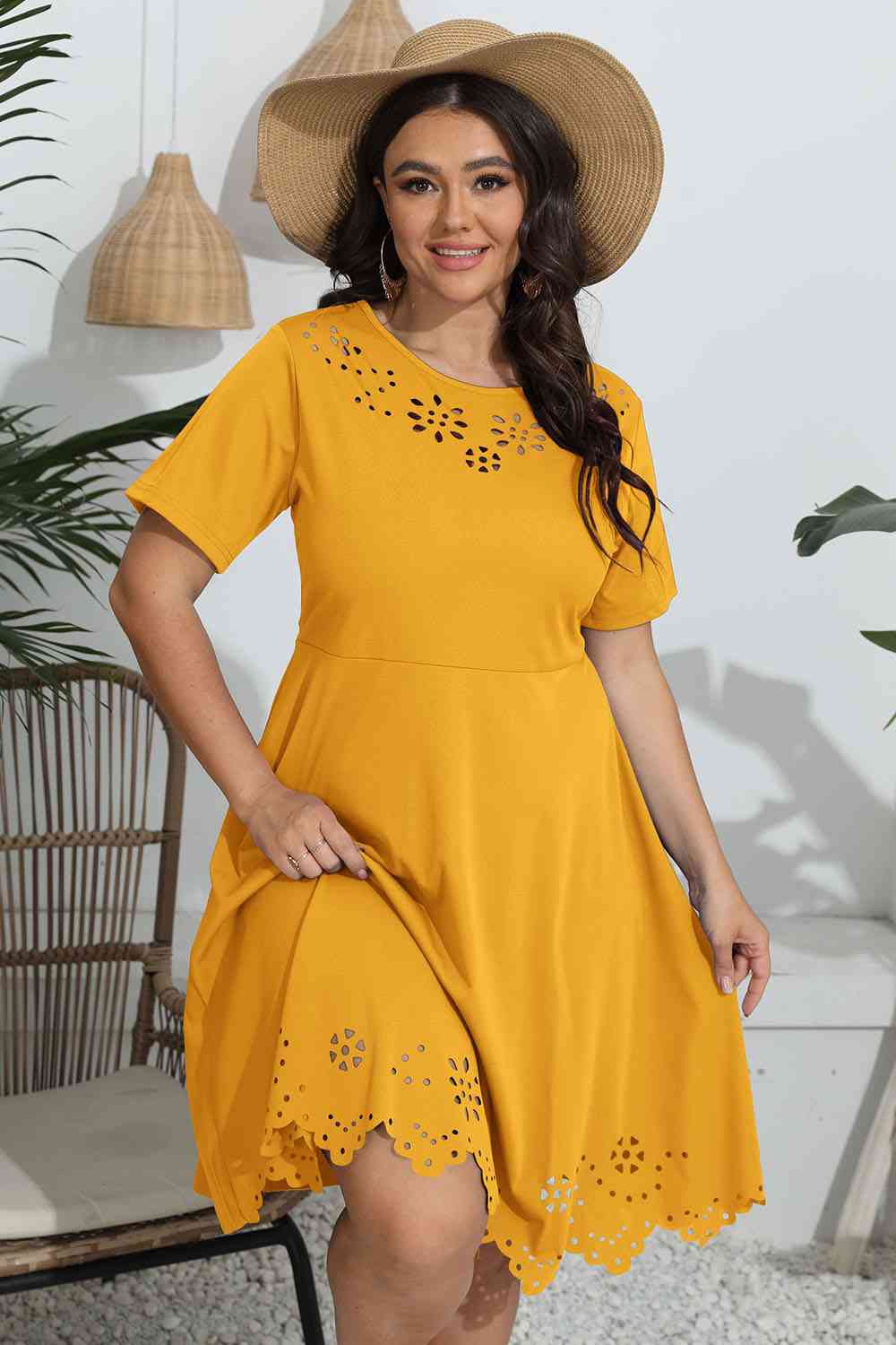 Plus Size Round Neck Openwork Dress BLUE ZONE PLANET