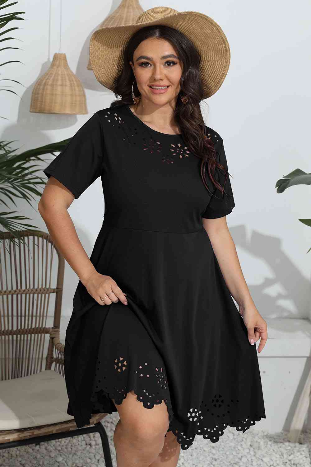 Plus Size Round Neck Openwork Dress BLUE ZONE PLANET