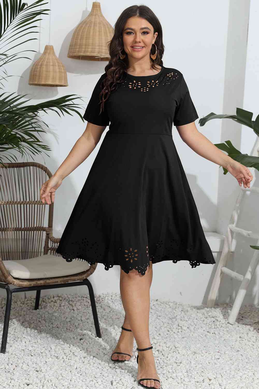 Plus Size Round Neck Openwork Dress BLUE ZONE PLANET