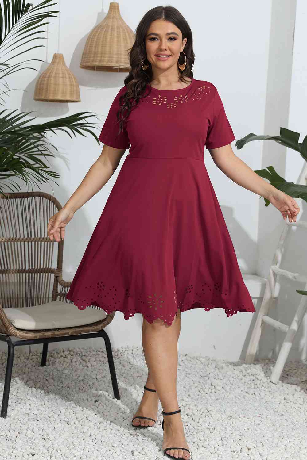Plus Size Round Neck Openwork Dress BLUE ZONE PLANET
