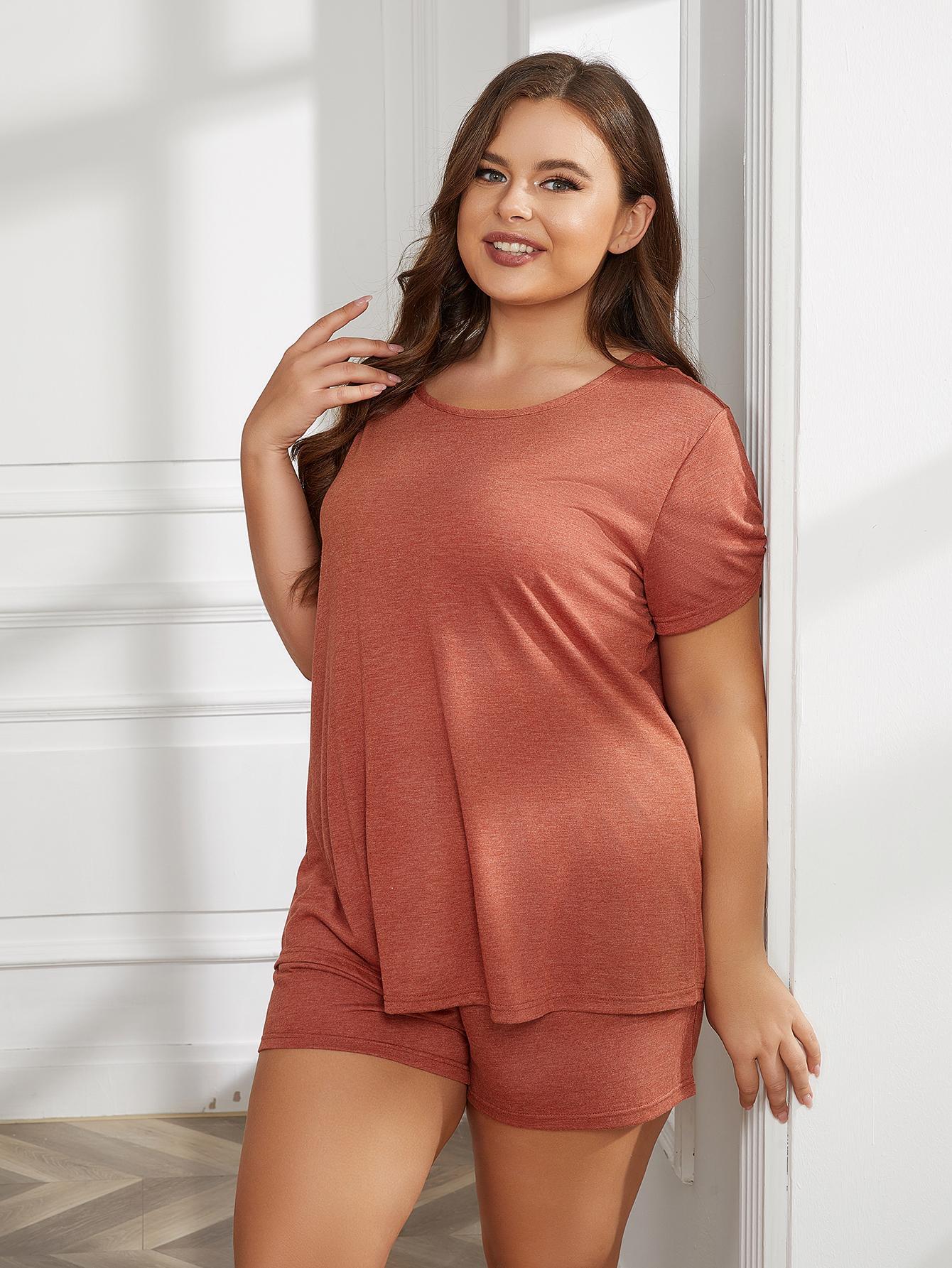 Plus Size Round Neck Short Sleeve Two-Piece Loungewear Set BLUE ZONE PLANET